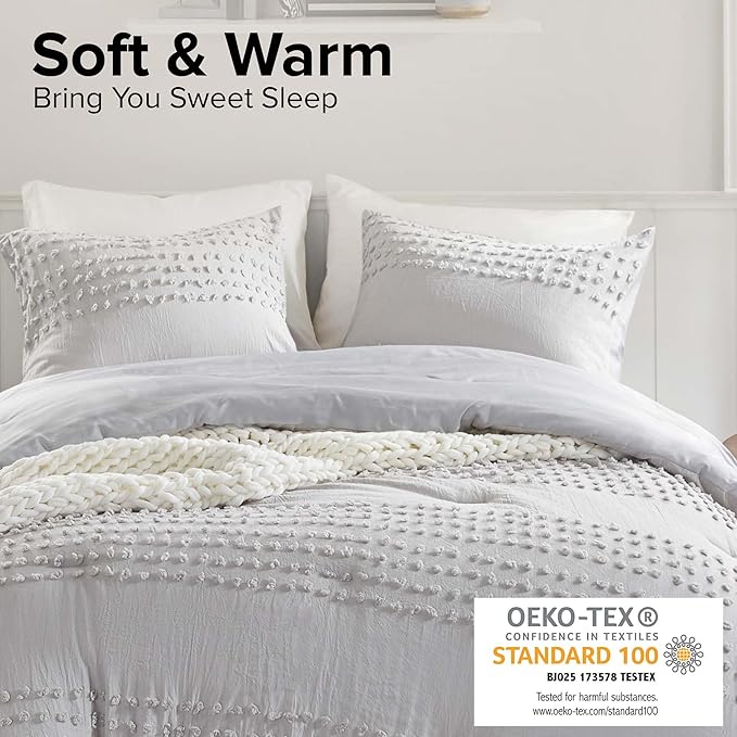 Comfort Spaces Cotton Comforter Set Jacquard Pom-Pom Tufts Design, Down Alternative, All Season Modern Bedding, Matching Shams, Twin/Twin XL, Grey 3 Piece