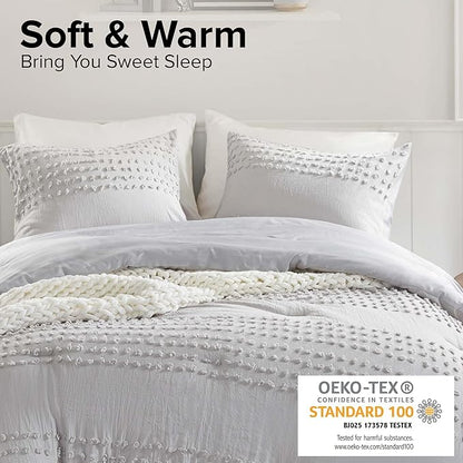 Comfort Spaces Cotton Comforter Set Jacquard Pom-Pom Tufts Design, Down Alternative, All Season Modern Bedding, Matching Shams, Twin/Twin XL, Grey 3 Piece