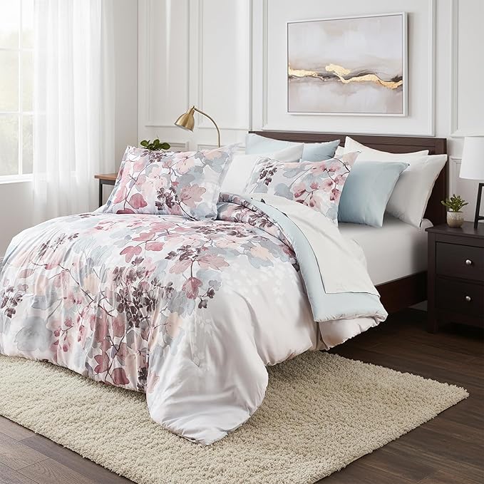 King Comforter Set Blush Bed Set, 9 Pieces Cute Floral Bedding Set Ultra Soft Botanical Flowers Comforter, Sheets, Pillowcases & Shams