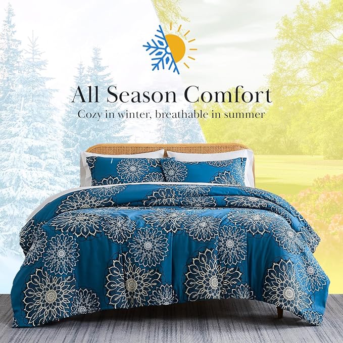 Southshore Fine Living, Inc. Oversized Boho Comforter Twin Bedding Sets, Down Alternative Bedspread, Paisley Floral Comforter, Twin XL Bedding with Matching Pillow Sham, Midnight Floral Blue