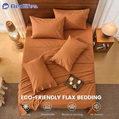 Bedlifes 100% French Pure Linen Sheets King Size Breathable and Cooling Flax Sheet Set Soft Durable and Moisture Wicking 16 Inch Deep Pocket-4 Piece(King,Brown)