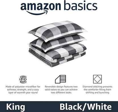 Amazon Basics Lightweight Microfiber Checkerboard Comforter Set, 3-Piece, King, Black/White