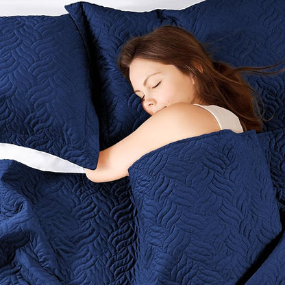 Love's cabin Quilts for Queen Bed Navy Blue Bedspreads - Soft Bed Summer Lightweight Bedspread Comforter - Modern Style Wave Pattern Coverlet for All Season - 3 Pieces (1 Quilt, 2 Pillow Shams)