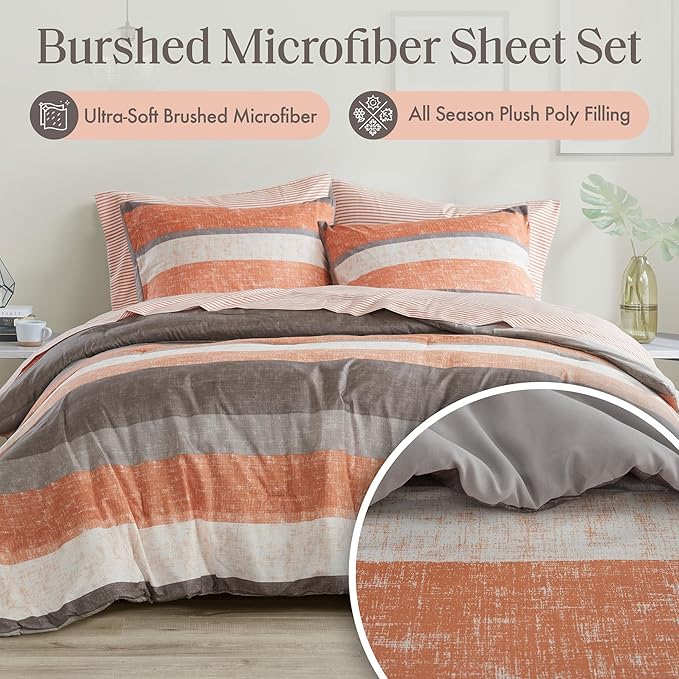 Madison Park Essentials Jaxon Full Comforter Set, Bed in A Bag Comforter & Sheet Set, Modern Casual Stripes Print, All Seasons, Soft Bedding Makeover, Matching Sham, Full Coral/Grey 7 Piece