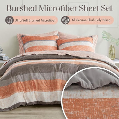 Madison Park Essentials Jaxon Queen Comforter Set, Bed in A Bag Comforter & Sheet Set, Modern Casual Stripes Print, All Seasons, Soft Bedding Makeover, Matching Sham, Queen Coral/Grey 7 Piece