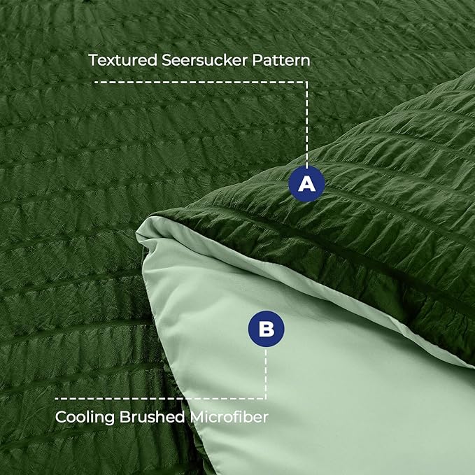 HYMOKEGE Dark Green/Sage Green California King Comforter Set Seersucker 7 Pieces, All Season Luxury Bed in a Bag for Bedroom, Bedding Set with Comforter, Sheets, Pillowcases & Shams
