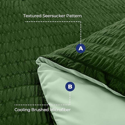 HYMOKEGE Dark Green/Sage Green California King Comforter Set Seersucker 7 Pieces, All Season Luxury Bed in a Bag for Bedroom, Bedding Set with Comforter, Sheets, Pillowcases & Shams