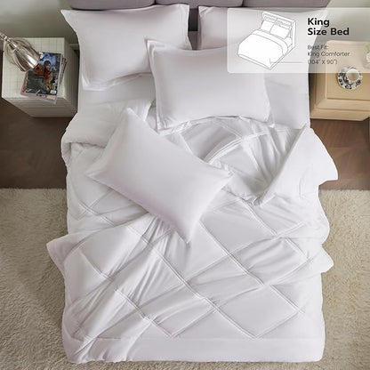 JOIEDOMI King Size Comforter Set with Sheets White, 7 Pieces King Bedding Set with 1 Down Alternative Comforter, 1 Flat Sheet, 1 Fitted Sheet, 2 Pillowcases and 2 Pillow Shams Bed in a Bag All Seasons