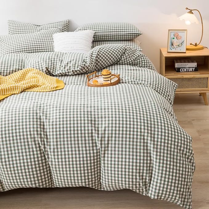 mixinni Green Gingham Comforter Set Full, Plaid Comforter Set 3 Pieces 1 Green Grid Comfoter with 2 Pillow Cases for All Seasons, Soft Fluffy Modern Grid Pattern Printed Bedding-Full Size