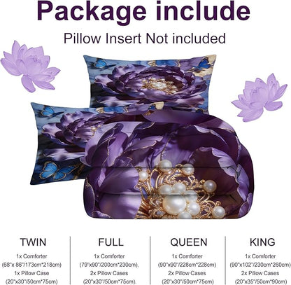 Floral Butterfly Bedding Set King Size 3PCs Gold Purple Blue Marble Flower Bedding Set for Kids Girls Women Marbled Purple Blue Gold Bed Set Soft Marbling Art Quilt Set with 2 Pillowcases