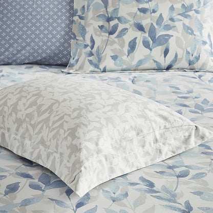 Madison Park Essentials Cozy Bed in a Bag Reversible Comforter with Complete Sheet Set - Modern Botanical Print All Season Cover, Shams, Decorative Pillow, Cal King(104"x92"), Blue 8 Piece