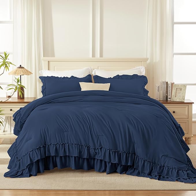 Andency Navy Blue King Comforter Set (104x90Inch), 3 Pieces Ruffle Comforter Set with 2 Pillowcases, Farmhouse Shabby Chic Lightweight Fluffy Soft Microfiber All Season Bed Set