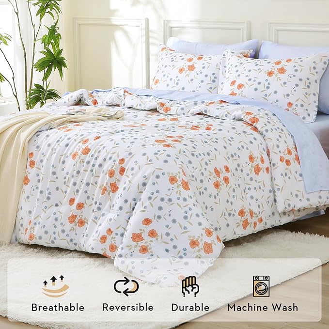 MUXHOMO Orange Blossom Full Comforter Set, Elegant Floral Print Bed in a Bag 7 Pieces, Ultra Soft & Breathable Reversible Botanical Pattern Bedding Set with Comforter, Sheets, Pillowcases, and Shams