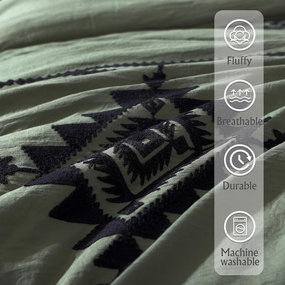 MaiRêve Embroidery Comforter Set, Boho Farmhouse Western Bedding Set, All Season Bed in A Bag Comforter Set with Sheets, Pillowcases & Shams, Olive Green Queen 7 Pieces
