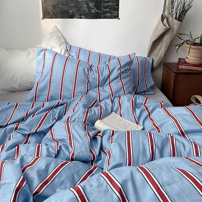 mixinni Vintage Blue & Red Striped Comforter Set King Size - Soft Cotton 3-Piece Bedding Set (1 Comforter + 2 Pillowcases), Retro Geometric Stripes Pattern, All-Season Lightweight & Breathable