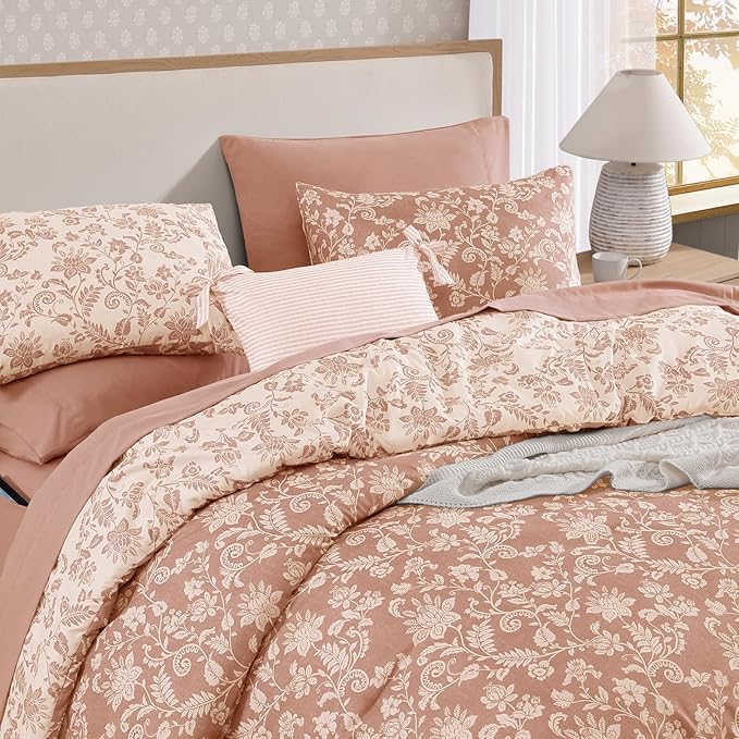 King Comforter Set -7 Pieces Clay Pink Floral Comforter Set for All Seasons, Bed in a Bag King with Botanical Flowers Comforter, Sheets, Pillowcases & Shams