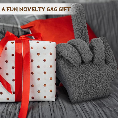 Menkxi Small Middle Finger Decorative Pillow 13.78 x 9.84 in Funny Shaped Sherpa Fleece Throw Pillow Warm Soft Emoticon Cushion Middle Finger Decor for Couch Gag Gift(Dark Grey)