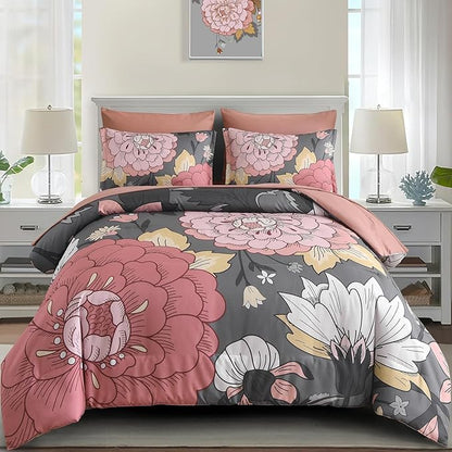 DJY Floral Comforter Set King Size - Grey Pink Bed in a Bag 7 Pieces Blush Botanical Boho Comforter with Sheet Set, Soft Microfiber Complete Bedding Set All Season (Pink/Grey, 104''x90'')