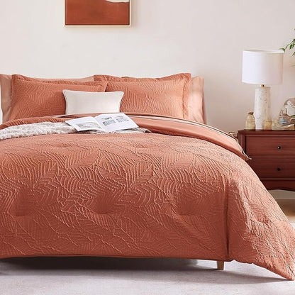 Geniospin Full Size Comforter Set - 7 Pieces Burnt Orange Bedding Set, Botanical Textured Fall Comforter Set, All Season Lightweight Bed in a Bag with Comforter, Sheets, Pillowcases & Shams