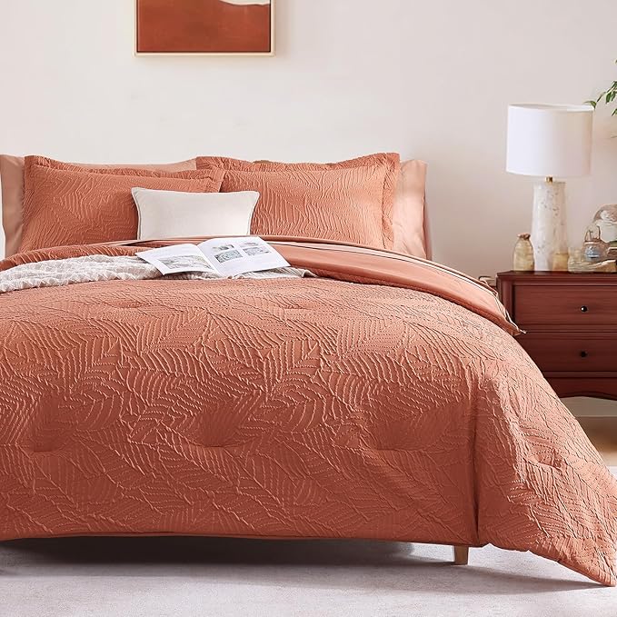Geniospin King Size Comforter Set - 7 Pieces Burnt Orange Bedding Set, Botanical Textured Comforter Set, All Season Lightweight Bed in a Bag with Comforter, Sheets, Pillowcases & Shams