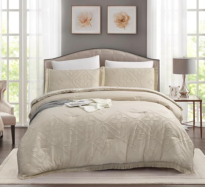 Boho King Size Comforter Set Beige 3 Pieces Tufted Tassel King Comforter Set Prime Lightweight Down Comforter King Size Beige Farmhouse Boho Bedding Shabby Chic Fluffy Comforter Bed Set Gift Choice