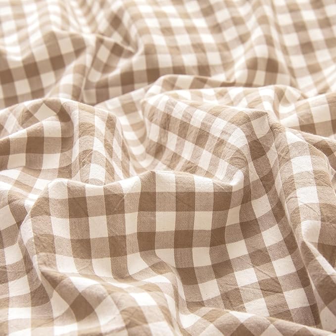 mixinni Tan Gingham Comforter Set Queen, Plaid Comforter Set 3 Pieces 1 Beige Grid Comfoter with 2 Pillow Cases for All Seasons, Soft Fluffy Modern Grid Pattern Printed Bedding-Queen Size