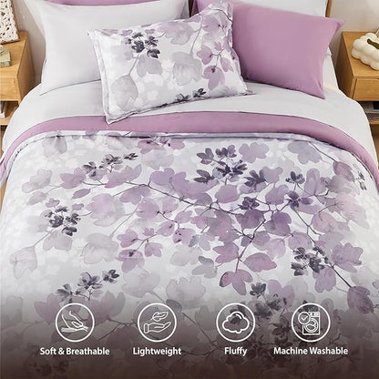Twin Comforter Set Purple Bed Set, 6 Pieces Cute Floral Bedding Set Ultra Soft Botanical Flowers Comforter, Sheets, Pillowcase & Sham