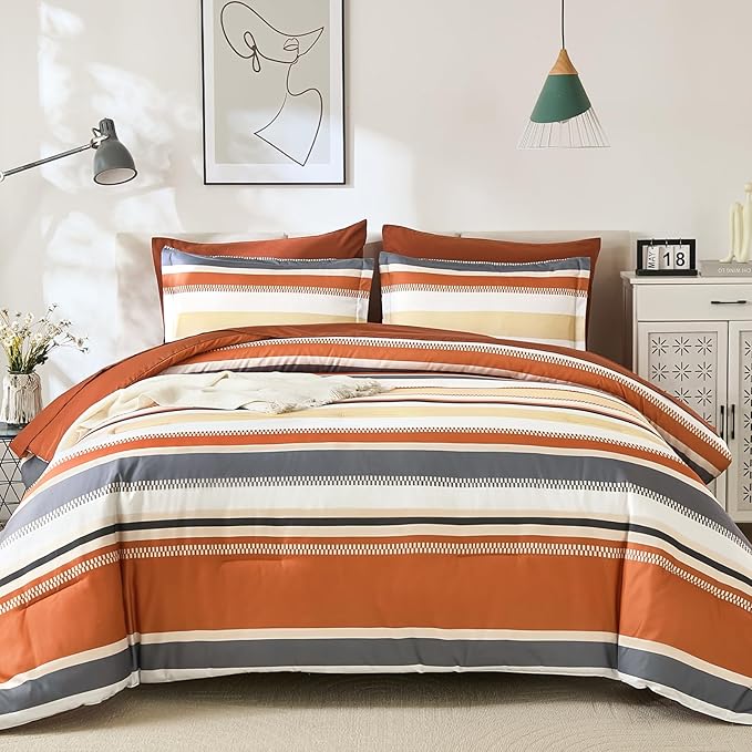 WONGS BEDDING Queen Size Comforter Set, 7 Pieces Bed in a Bag Orange Queen Bed Set, Soft Boho Striped Bedding Sets with Sheets, Pillowcases & Shams