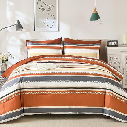 WONGS BEDDING Queen Size Comforter Set, 7 Pieces Bed in a Bag Orange Queen Bed Set, Soft Boho Striped Bedding Sets with Sheets, Pillowcases & Shams