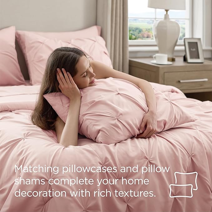 Bedsure Full Comforter Set Pink - Bed in a Bag Full Size Bedding Set 7 Pieces, GentleSoft™ Pintuck Bed Set Gift for Family, Pinch Pleat All Season Comforter with Sheets, Pillowcases & Shams