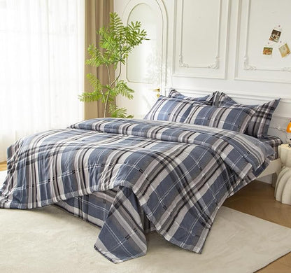 SDY 7PCS Twin Gingham Comforter and Sheet Set，Plaid Bedding Set with 1*Comforter,1* Flat Sheet, 1*Fitted Sheet,2*Pillowcases and 2*PillowcaseShams，Navy Blue Microfiber Bedding Sheet Sets