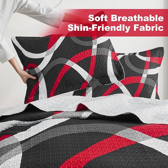 weesire Black and Red Bedding Quilt Queen Size with 2 Shams, Modern Stripe Comforter Sets Classic Line Pattern Bedspreads Grey and Red Coverlet, 90''x96''
