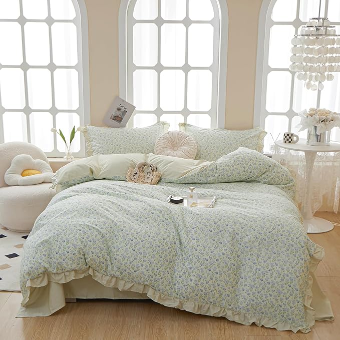 HighBuy Green Lace Comforter Set Full Ruffle Blue Flower Comforter Fluffy Chic Reversible Stripes Ruffle Bedding Set Vintage Boho Comforter with 2 Pillow Shams for Teen Girls