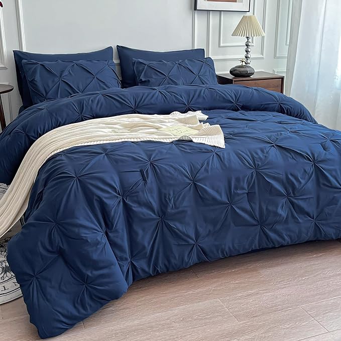 Maple&Stone Navy Blue Comforter Queen Size, 7 Pieces Bed in a Bag Queen, Pintuck Bedding Sets with Comforter, Sheets, Pillowcases & Shams - Navy