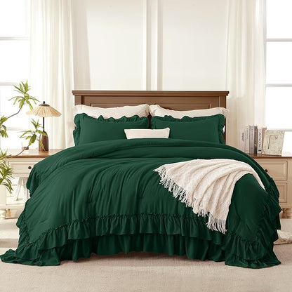 Andency Dark Green California King Comforter Set, 3 Pieces Lightweight Fluffy Farmhouse Shabby Chic Bedding Comforter Sets, Soft Microfiber All Season Cal King Bed Sets(104x96Inch)
