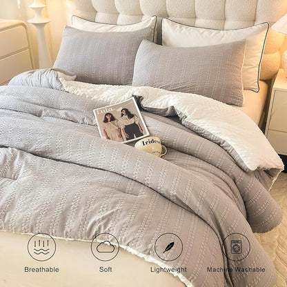 Boho Comforter Set Queen Size Striped Pleats Bohemian Seersucker Bedding Set All Season Soft Cozy 3 Pieces Quilt with 2 Pillowcases(90"X90" Grey)