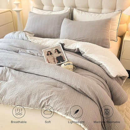 Boho Comforter Set Twin Size Striped Pleats Bohemian Seersucker Bedding Set All Season Soft Cozy 2 Pieces Quilt with 1 Pillowcase(68"X90" Grey)
