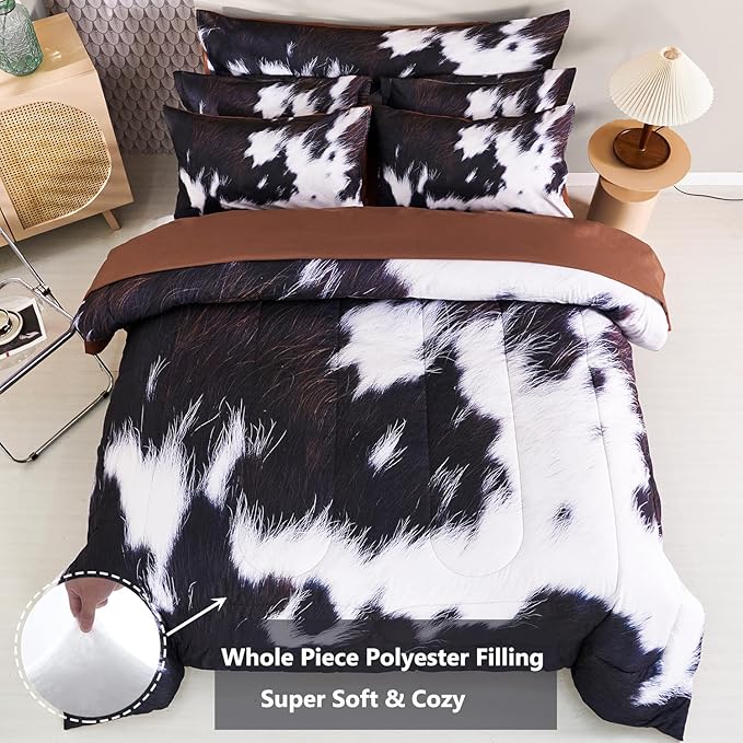 SUCSES 8 Pieces California King Comforter Set with Sheets, Cal King Size Cow Fur Print Bedding Set for Kids Teens Boys Girls, Western Style Highland Cowhide Farmhouse Bed in A Bag