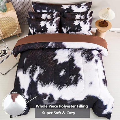 SUCSES 8 Pieces California King Comforter Set with Sheets, Cal King Size Cow Fur Print Bedding Set for Kids Teens Boys Girls, Western Style Highland Cowhide Farmhouse Bed in A Bag