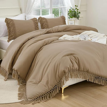 Andency Taupe Comforter Set King, 3 Pieces Boho Tassel Lightweight Soft Bedding Comforter Sets for King Bed, All Season Fluffy Fringe Bed Set (104x90In Comforter & 2 Pillowcases)