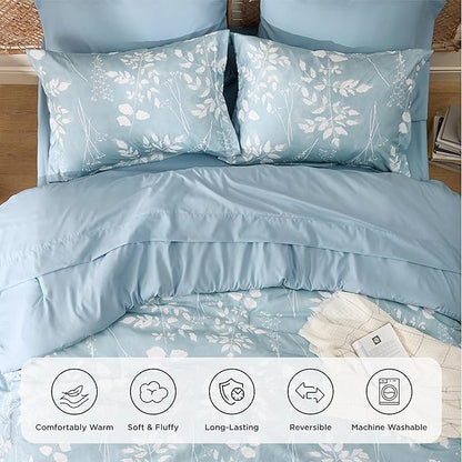 Bedsure Sky Blue Queen Comforter Set - 7 Pieces Floral Bedding Sets, Queen Bed in a Bag with Reversible Botanical Flowers Comforter, Sheets, Pillowcases & Shams