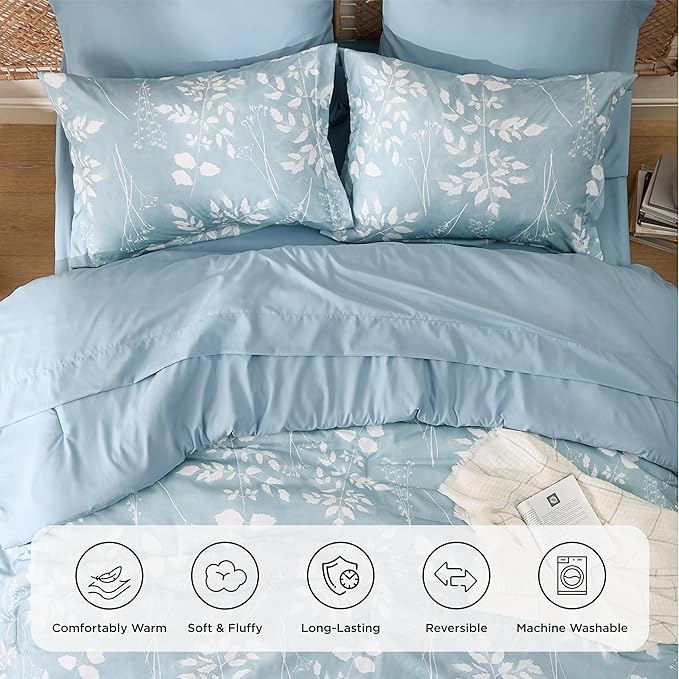 Bedsure Sky Blue Twin Comforter Set - 5 Pieces Floral Bedding Sets, Twin Bed in a Bag with Reversible Botanical Flowers Comforter, Sheets, Pillowcase & Sham