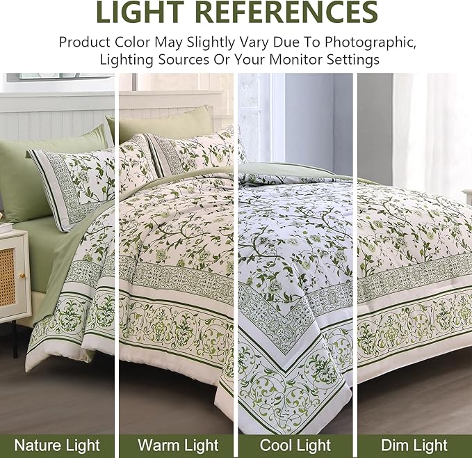 Dobuyly Floral Queen Comforter Set, 7 Piece Bed in a Bag Queen Size Sage Green Flowers on White Botanical Bedding Set, Soft Microfiber Bedding Comforter Sets with Sheets for All Season