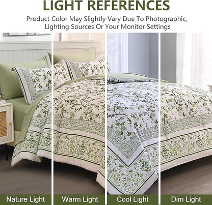 Dobuyly Floral Queen Comforter Set, 7 Piece Bed in a Bag Queen Size Sage Green Flowers on White Botanical Bedding Set, Soft Microfiber Bedding Comforter Sets with Sheets for All Season