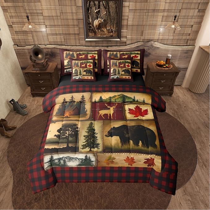 Erosebridal Bear Cabin Plaid 7 Piece Comforter Set Full,Rustic Farmhouse Bed in a Bag,Retro Hunting Deer Bedding,Country Woodland Pine Tree Quilt Set,Maple Leaf Lodge Fitted Sheet,Red Black Brown