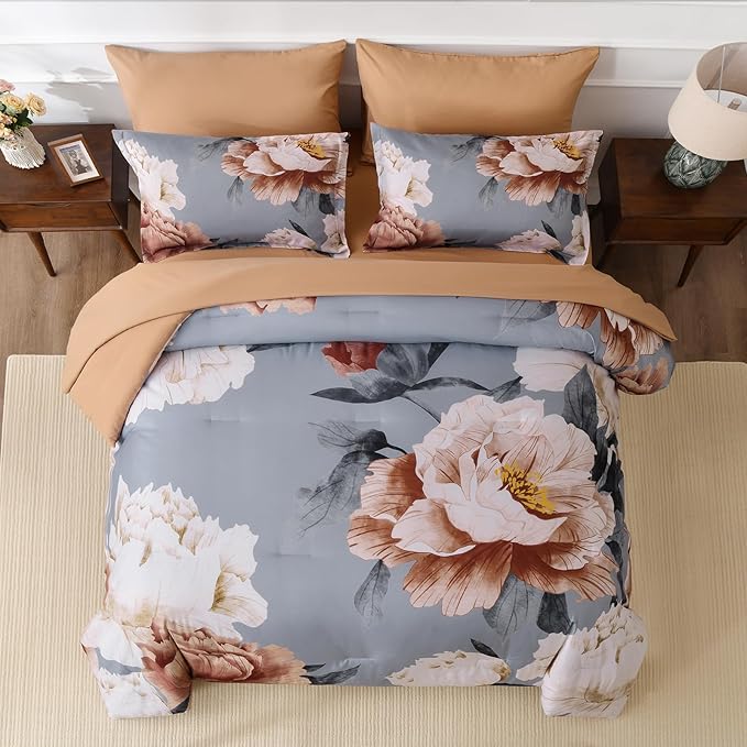 Dobuyly Floral Comforter Set Queen, Brown Flower Printed on Grey Comforter Set with Sheets, 7 Piece Botanical Bed in a Bag, Soft Microfiber Farmhouse Bedding Set for All Season