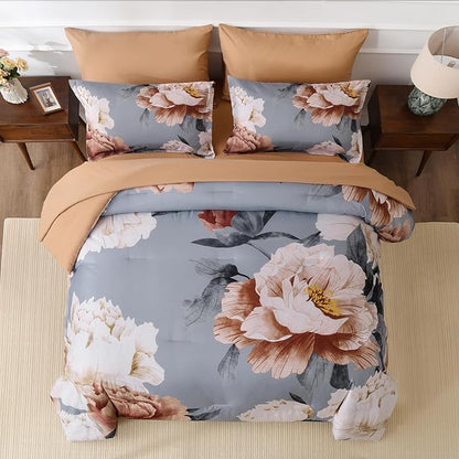 Dobuyly Floral Comforter Set Queen, Brown Flower Printed on Grey Comforter Set with Sheets, 7 Piece Botanical Bed in a Bag, Soft Microfiber Farmhouse Bedding Set for All Season