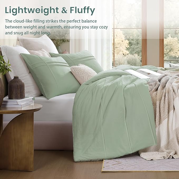 Boho King Size Comforter Set, Sage Green King Size Bed Set 3 Piece, Pinch Pleat King Bedding Set and Green Fluffy Comforter Sets for Bedroom