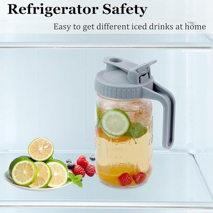 Mason Jar Pitcher Wide Mouth 2 Pack 32 OZ Glass Jars With Pour Spout Lids Airtight Leak-proof 1 Quart Water Pitcher With Handle For Iced Tea, Milk, Sun Tea, Lemonade, Iced Coffee