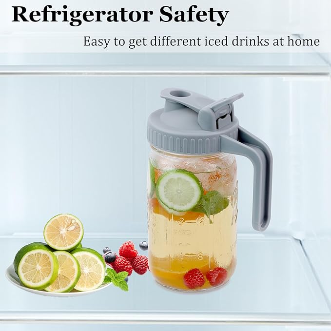 Mason Jar Pitcher Wide Mouth 32 OZ Glass Jars With Pour Spout Lids Airtight Leak-proof 1 Quart Water Pitcher With Handle For Iced Tea, Milk, Sun Tea, Lemonade, Iced Coffee
